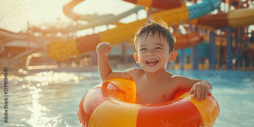 Obraz na płótnie Child holding an inflatable ring in swimming pool in water park. Little child having fun on family summer vacation in tropical resort. w salonie