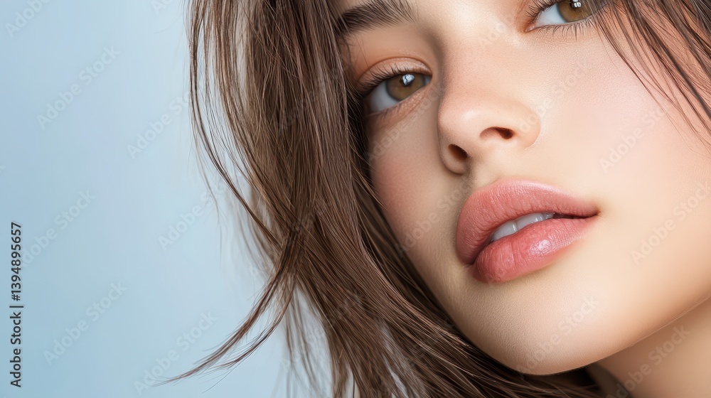 Naklejka premium Captivating portrait, woman with striking blue eyes and flowing brown hair portrait
