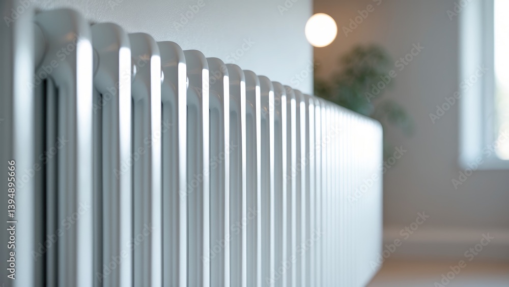 A sleek white radiator with vertical panels affixed to a wall, often employed for home or office heating, showcasing a simple and tidy aesthetic A sleek white radiator with vertical panels affixed to a wall, often employed for home or office heating, showcasing a simple and tidy aesthetic
