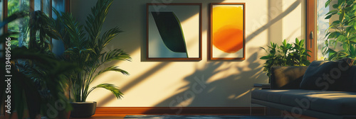 Obraz na płótnie Stylish modern living room interior with colorful abstract painting on the wall. Cozy living room arrangement in bold colors. w salonie