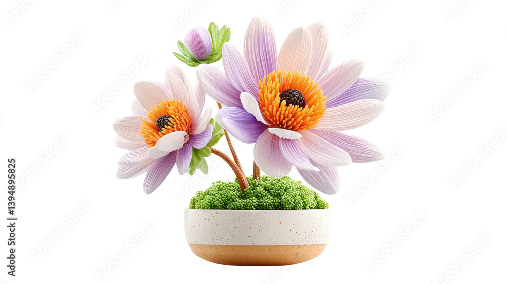 Naklejka premium Delicate pink blossoms with soft petals and vibrant centers arranged in a modern ceramic planter against a clean white background