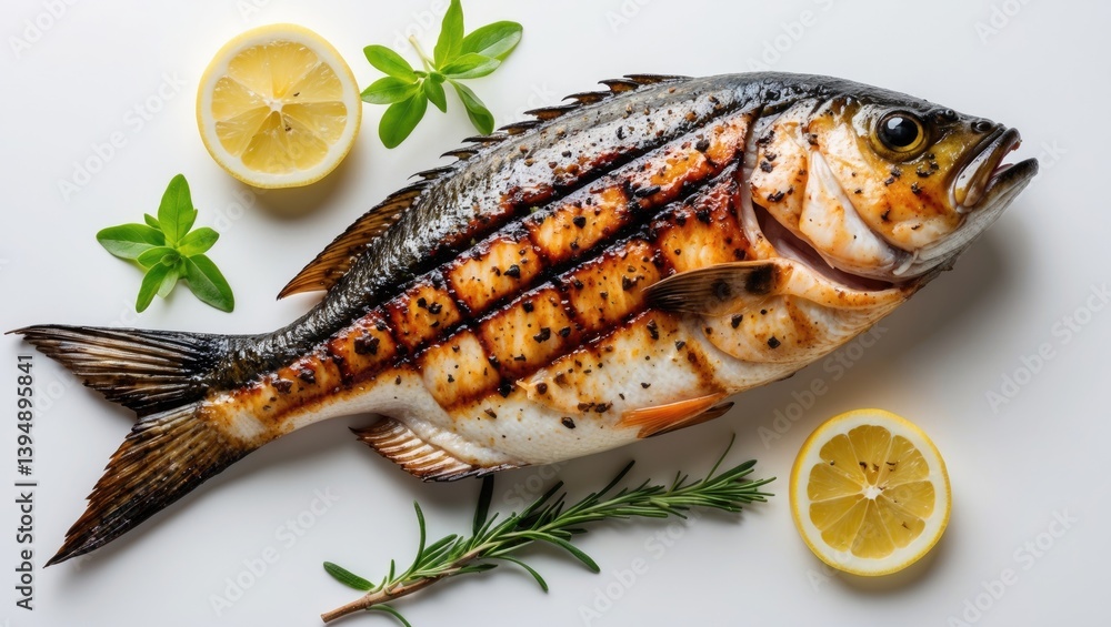 white background featuring grilled spicy fish from above white background featuring grilled spicy fish from above