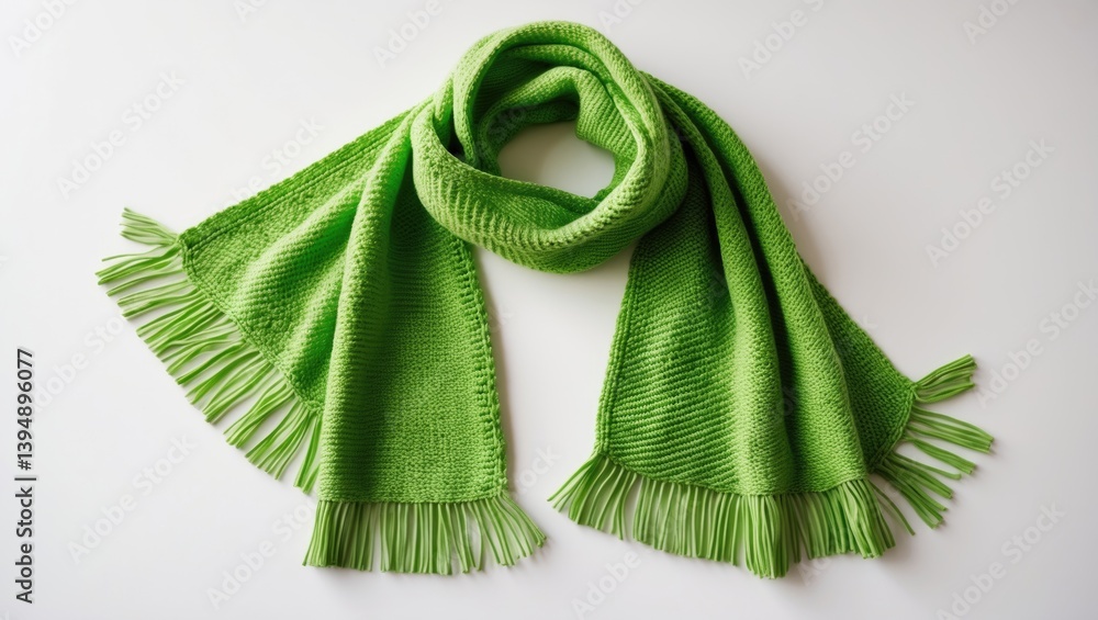 Green scarf made of knit material on a white surface. Green scarf made of knit material on a white surface.