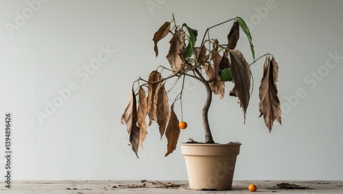Citrus madurensis, a miniature calamondin orange tree suitable for indoor growth, is a houseplant with vibrant green leaves and small orange fruits. The plant is dying due to neglect, as evidenced by