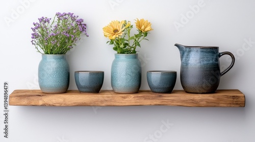 Wallpaper Mural Speckled Blue Ceramic Vases and Teacups with Flowers on Wooden Shelf Against White Wall Torontodigital.ca