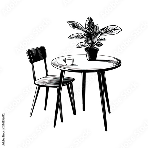 Table, daily necessities, vector, transparent background, black and white style