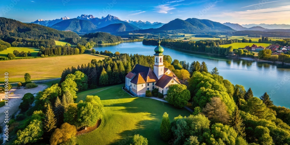 Naklejka premium Aschau im Chiemgau Church Lake Chiemsee Aerial Summer Scenery Drone Photography Bavaria Germany