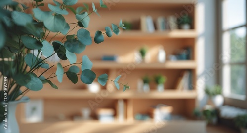 Blurred vision of a stylish wooden bookshelf showcasing green eucalyptus and natural illumination, fostering a serene atmosphere with minimalistic decor for sophisticated spaces