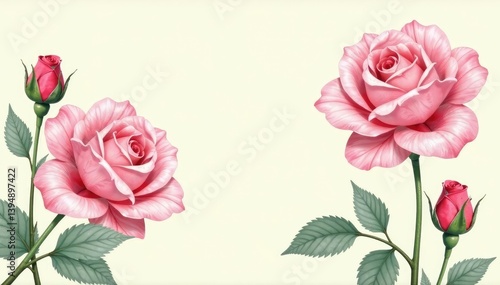 Delicate watercolor rose buds & leaves on cream background , spring, wallcovering