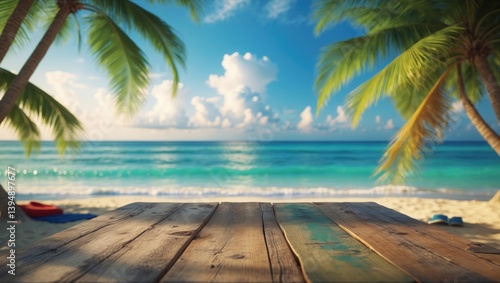 Fototapeta Naklejka Na Ścianę i Meble -  Coconut trees in the distance with an empty wooden table and a blurred beach view