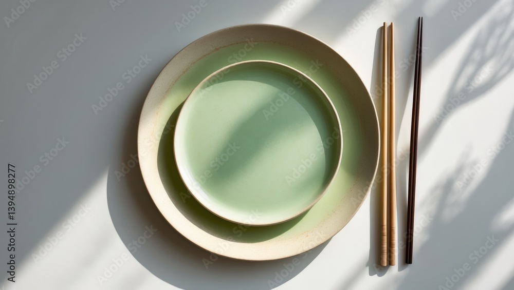 Round green ceramic plate featuring a light orange rim and chopsticks on a white backdrop Round green ceramic plate featuring a light orange rim and chopsticks on a white backdrop