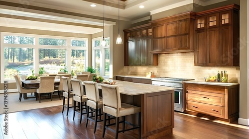 Modern open plan kitchen with island and dining area overlooking nature