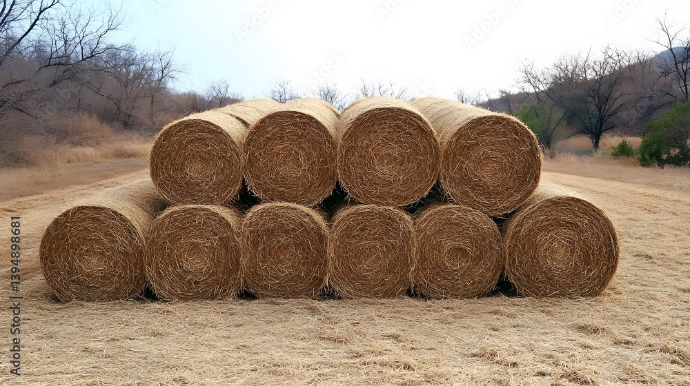 Golden Hay Bales Stacked in Rural Field Landscape Golden Hay Bales Stacked in Rural Field Landscape