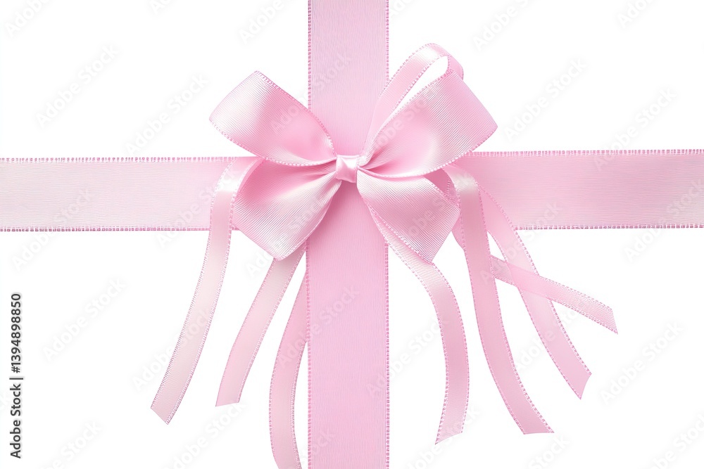 Pink ribbon bow, gift wrapping, celebration, white background Pink ribbon bow, gift wrapping, celebration, white background