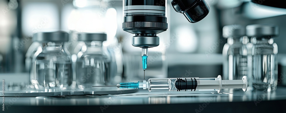 Global Health Pandemics Vaccines Close-up of a microscope with vials and a syringe in a laboratory setting. Global Health Pandemics Vaccines Close-up of a microscope with vials and a syringe in a laboratory setting.