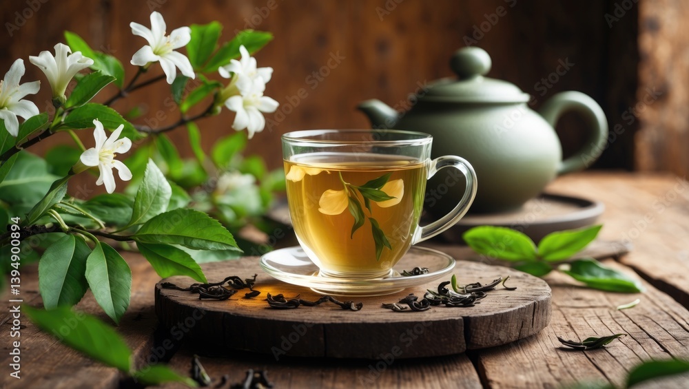 Teapot and cup featuring jasmine green tea on a weathered wooden surface. Open area. Teapot and cup featuring jasmine green tea on a weathered wooden surface. Open area.