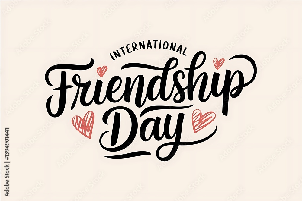 Obraz premium International Friendship Day hand-lettered typography with red heart doodles, stylish black and white celebration design for friends, love, friendship bond, best friend special occasion card