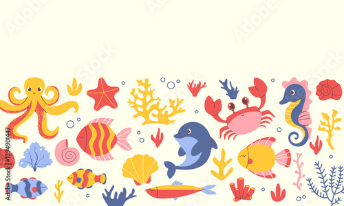 Marine horizontal template, banner with hand drawn marine animals, fish, plants