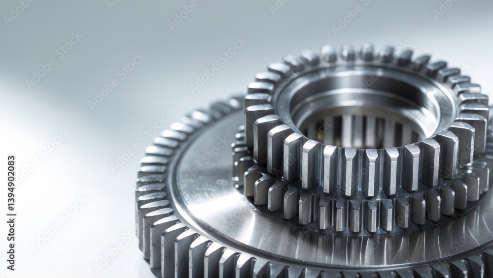 Gear of a car's gearbox, track transmission gear, a mechanism gear equipped with a beveled engagement tooth. White background, close-up with selective focus