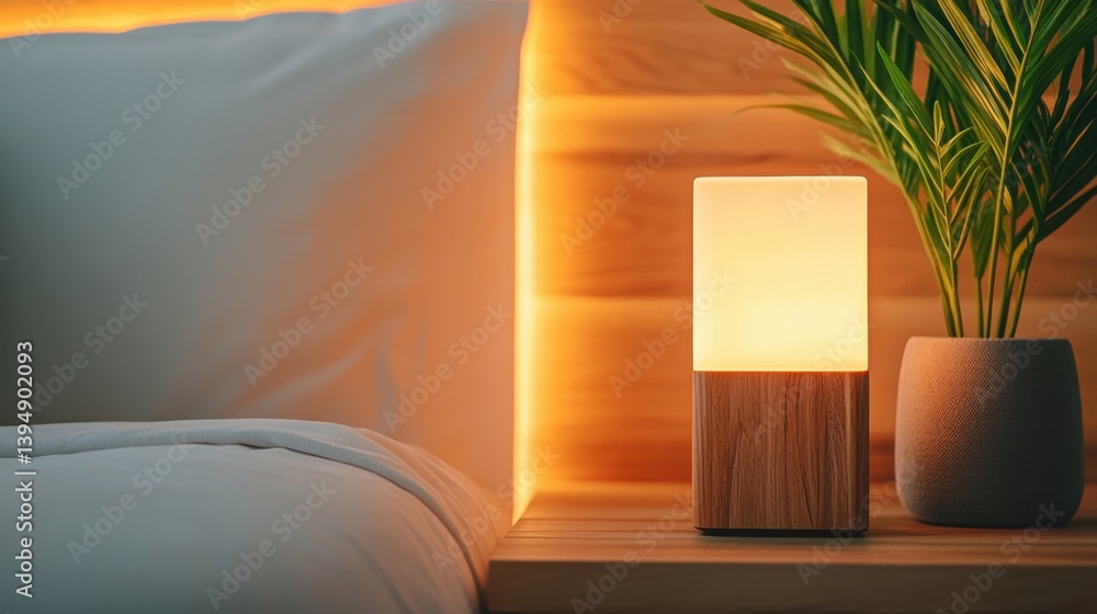 a lamp on a nightstand next to a bed a lamp on a nightstand next to a bed