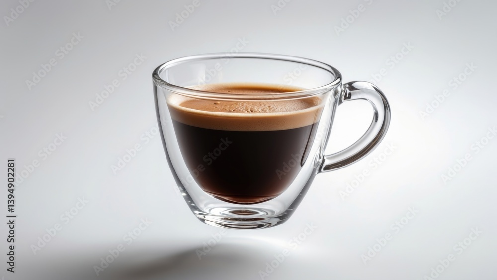Levitation of a half glass cup filled with espresso coffee on a plain white background. No people. Levitation of a half glass cup filled with espresso coffee on a plain white background. No people.