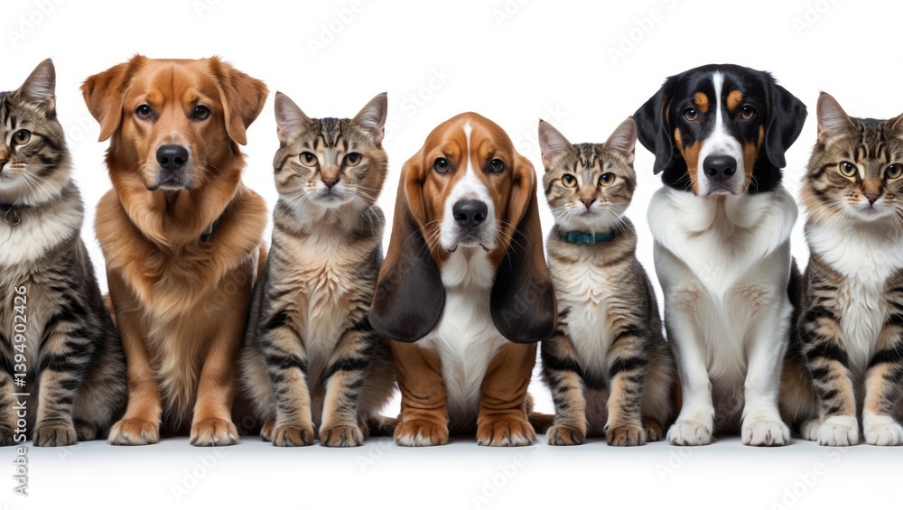 A collection of cats and dogs against a white backdrop A collection of cats and dogs against a white backdrop