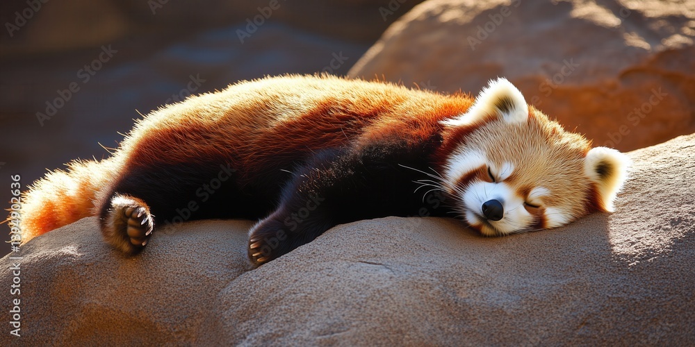 Fototapeta premium Adorable red panda in a clean and natural zoo environment in warm sunlight.
