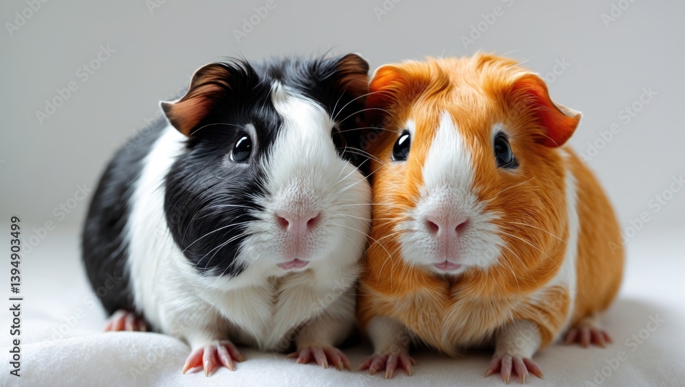 Guinea pigs resting against a white backdrop Guinea pigs resting against a white backdrop