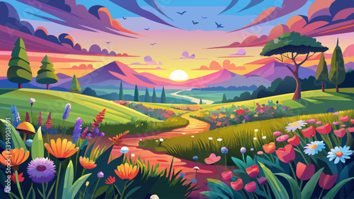 Beautiful scenic colorful wild flower field meadow sunset evening sunrise morning summertime nature landscape panorama. Vibrant multicolored countryside rural steppe dawn wide panoramic banner view 