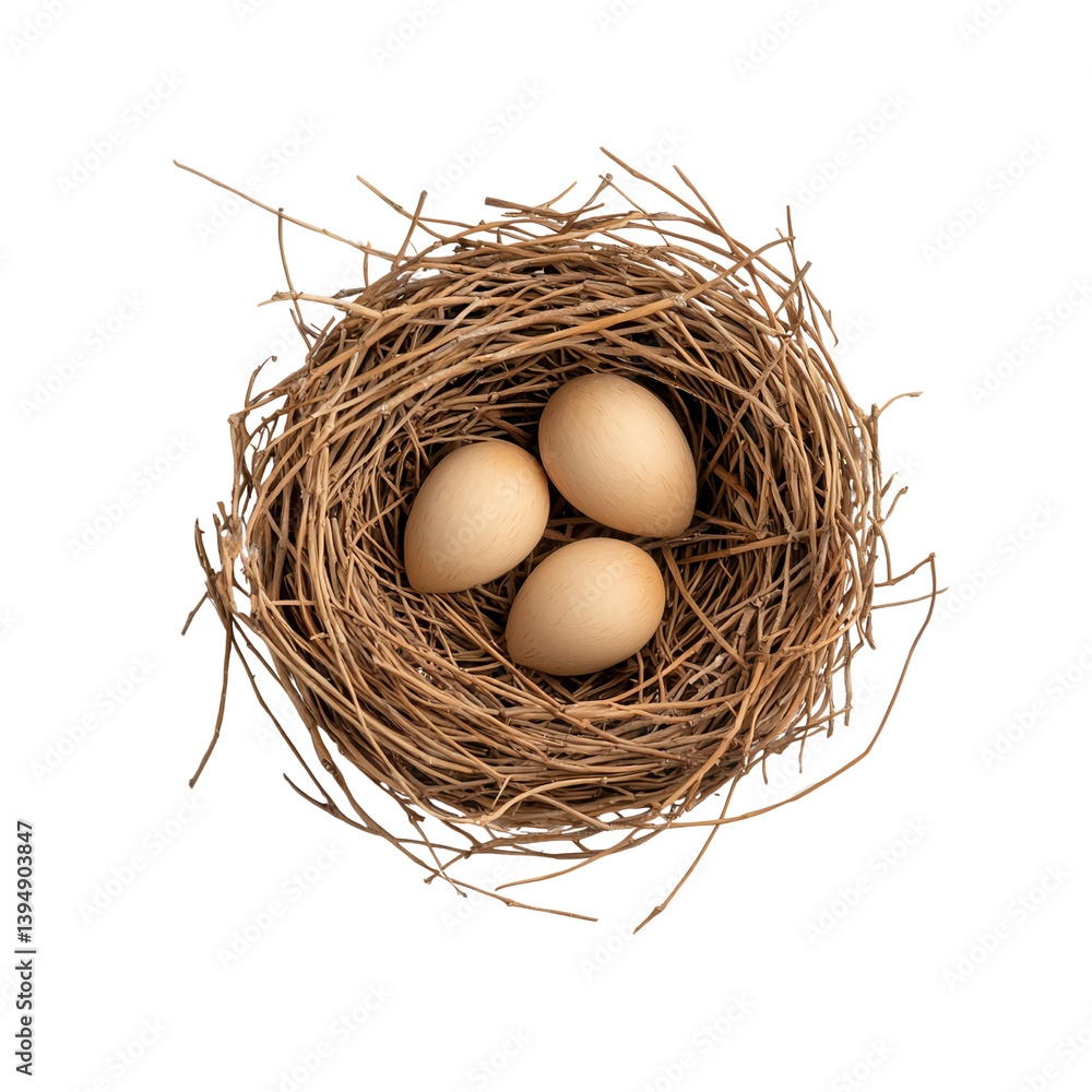 A cozy handmade bird s nest made of twigs and straw containing three natural brown eggs nestled inside against a plain white background A cozy handmade bird s nest made of twigs and straw containing three natural brown eggs nestled inside against a plain white background