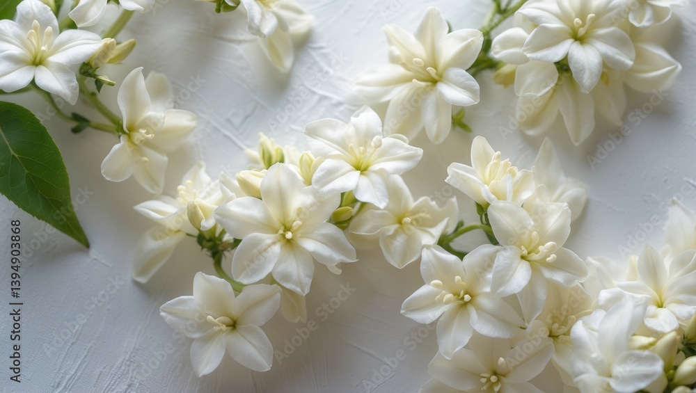 Bird's eye view of Jasmine flower on a white surface texture, flat lay. Bird's eye view of Jasmine flower on a white surface texture, flat lay.
