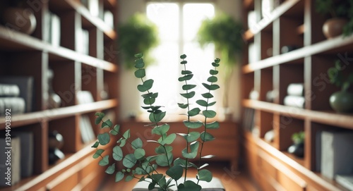 Hazy scene of a modern wooden bookshelf adorned with a green eucalyptus arrangement and ambient light, embodying peacefulness with understated decor for elegant living areas