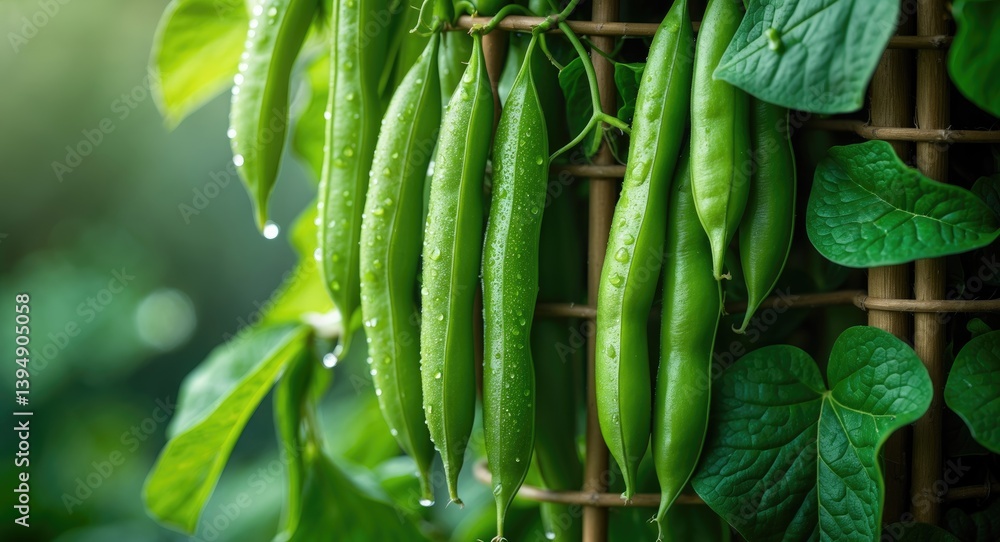 Fully matured climbing beans, up to 25 cm tall, ready for collection. A familiar variety, climbing within a beanstalk framework. Fully matured climbing beans, up to 25 cm tall, ready for collection. A familiar variety, climbing within a beanstalk framework.
