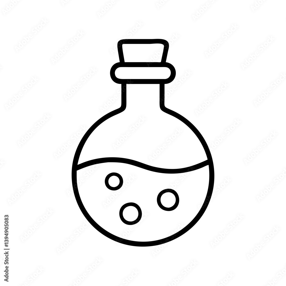 Outline potion bottle vector illustration for alchemy and magic theme with bubbles and liquid inside Outline potion bottle vector illustration for alchemy and magic theme with bubbles and liquid inside