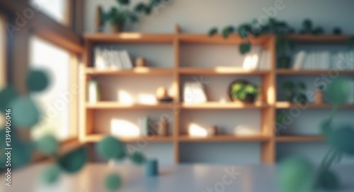 Out-of-focus view of a contemporary wooden bookshelf with a green eucalyptus setup and daylight, promoting calmness through simple decorative features for fashionable living environments