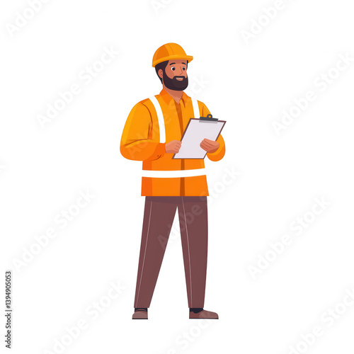 A construction worker in a safety helmet and reflective vest, holding a clipboard, isolated on a white background.