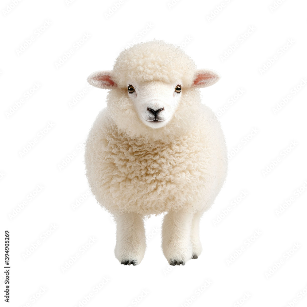 Fototapeta premium A cute and fluffy young lamb with soft white wool standing innocently on a plain white studio background