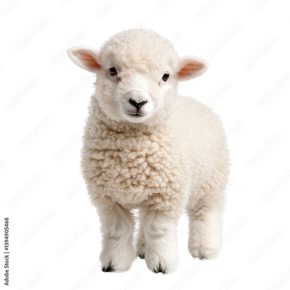 Fototapeta premium A cute and fluffy young white lamb standing in a serene pastoral field with a peaceful and gentle expression
