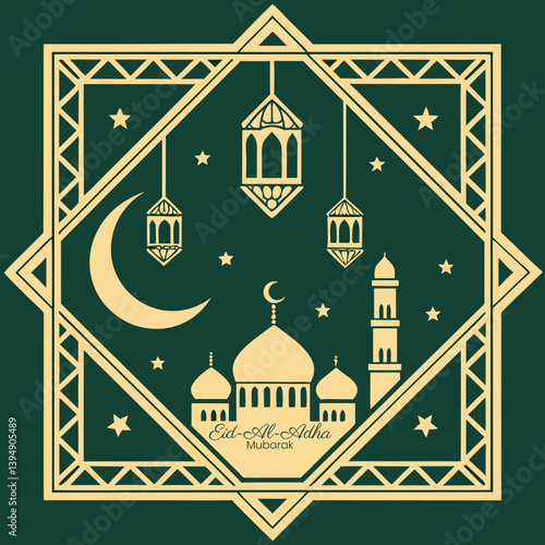Eid Al Adha Mubarak Mosque, Crescent Moon, Stars, Lanterns
