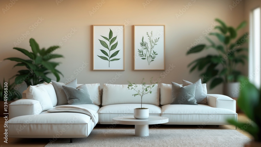 Fototapeta premium Bright living room with a blurred background showcasing a white sectional sofa, light wood furniture, and vibrant plants, establishing a warm and welcoming ambiance.