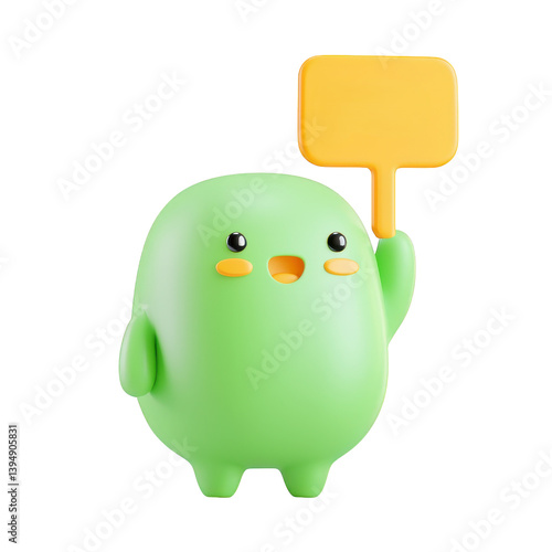 Obraz na płótnie A cute and cheerful green character holding a yellow sign, perfect for conveying positivity and encouragement. Ideal for illustrations, marketing materials, or playful designs. w salonie