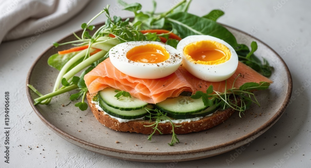 Wholesome open salmon sandwich with cream cheese, a soft egg, vegetables, and greens. Yummy protein fish sandwich for breakfast or brunch, bird's-eye view. Wholesome open salmon sandwich with cream cheese, a soft egg, vegetables, and greens. Yummy protein fish sandwich for breakfast or brunch, bird's-eye view.