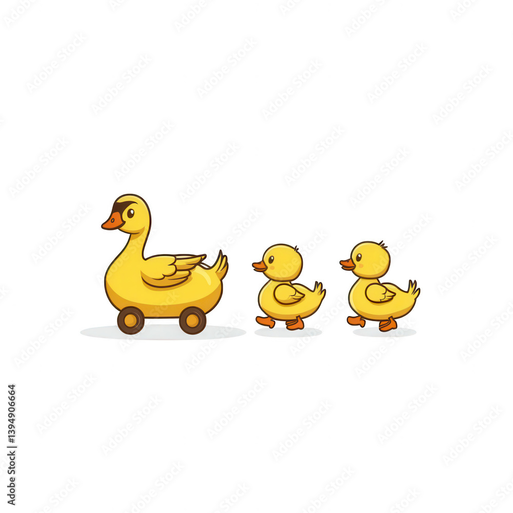 A cute illustration of a toy duck and two ducklings, showcasing playful whimsy against a white isolated background.