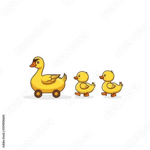 Obraz na płótnie A cute illustration of a toy duck and two ducklings, showcasing playful whimsy against a white isolated background. w salonie