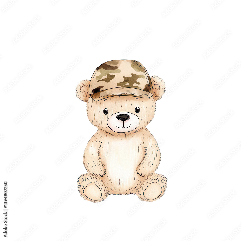 A cute teddy bear wearing a camouflage hat, sitting comfortably. Perfect for children's products and playful designs, this illustration brings joy and warmth.