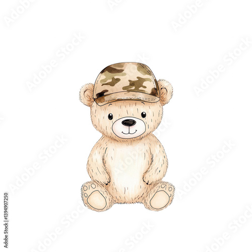 Obraz na płótnie A cute teddy bear wearing a camouflage hat, sitting comfortably. Perfect for children's products and playful designs, this illustration brings joy and warmth. w salonie