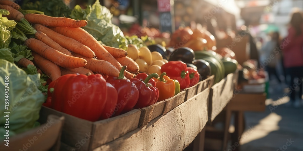 Crates filled with locally grown fresh produce line the shelves of the community farmers market. One stop shopping for organically grown vegetables.