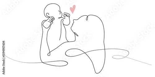 Vector cute one line art illustration of family portret. Lineart mother holding a new born baby in lineart style with pink heart