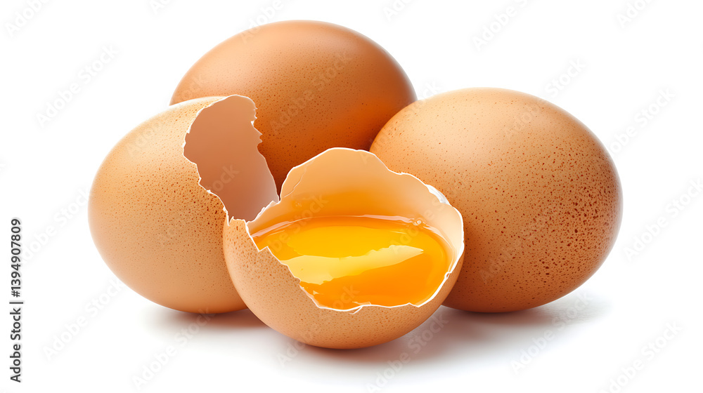 Close-up of a broken egg with yolk and shell on white background Close-up of a broken egg with yolk and shell on white background