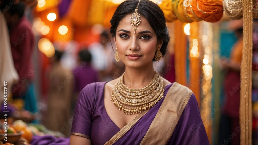 Woman in a purple saree adorned with heavy gold jewelry, standing in a lively and colorful ceremonial setting with festive decorations in the background Woman in a purple saree adorned with heavy gold jewelry, standing in a lively and colorful ceremonial setting with festive decorations in the background